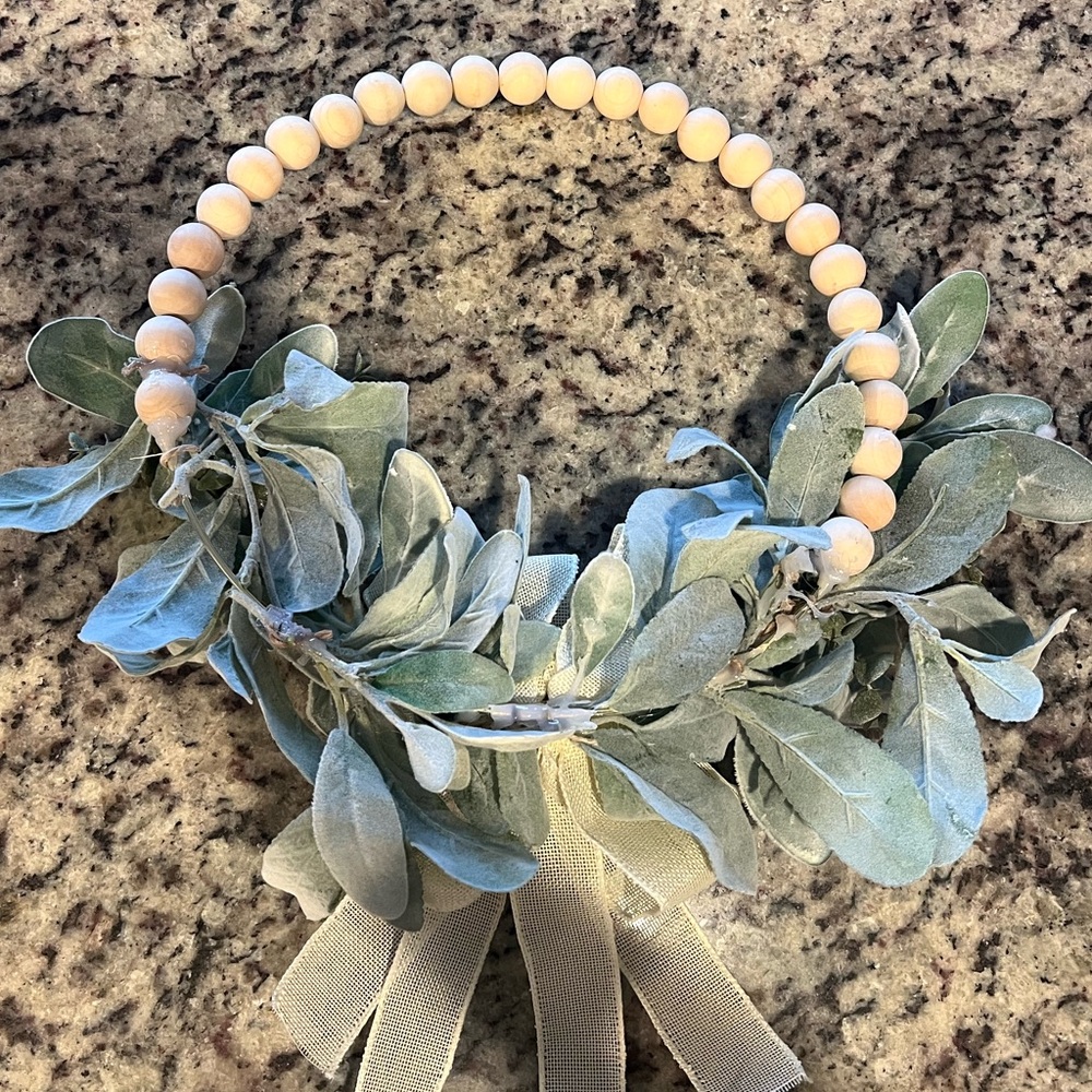 Farmhouse Wood Bead Wreath, adorned with faux Lamb's Ear & Eucalyptus leaves. - Picture 5 of 7
